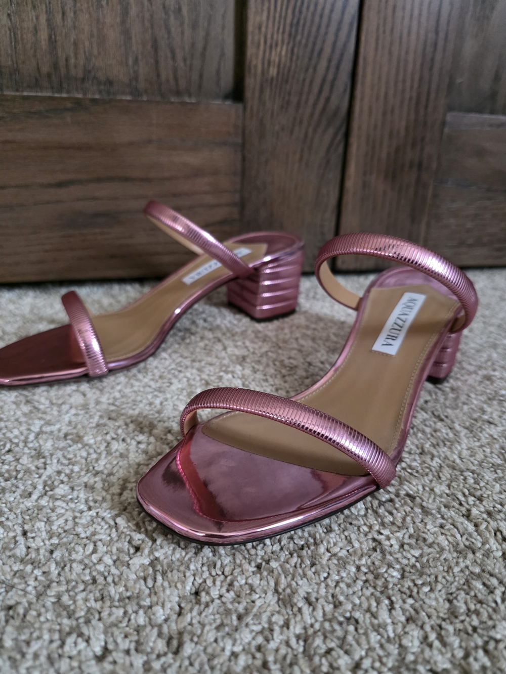Aquazzura Riviera Metallic Rose Pink Strappy Block Heel Sandals - Picture 2 of 5